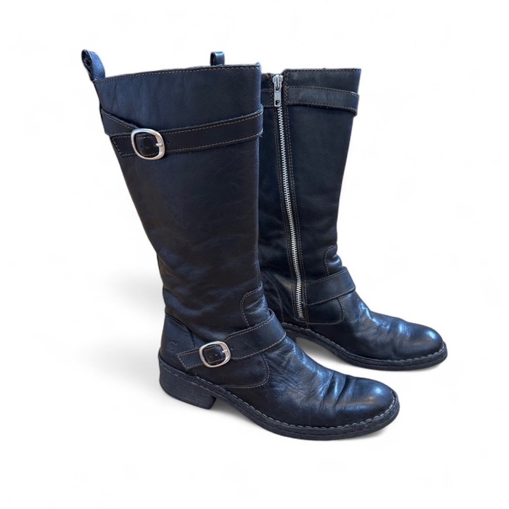 Born Black Leather Tall Moto Boots Buckle Straps W31788 Womens 8 / 39